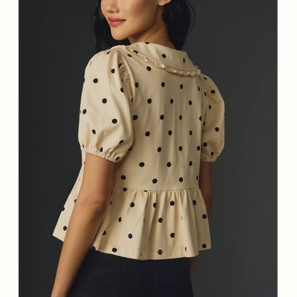 Porridge Polka Dot Tie Front Peplum Blouse Peter Pan Collar Puff Sleeve NWT Med - Picture 3 of 9
